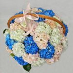 Кошик з різнокольоровими квітами гортензії.