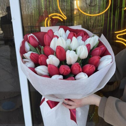 Букет червоних і білих тюльпанів